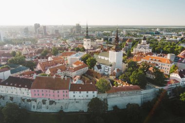 Güneşli bir yaz sabahında Tallinn Eski Kasabası 'nın ikonik gökyüzü manzarası. St. Olaf Kilisesi, St. Michael Kilisesi, Alexander Nevsky Katedrali, savunma duvarları, çatılar. UNESCO Dünya Mirası sahası, Estonya