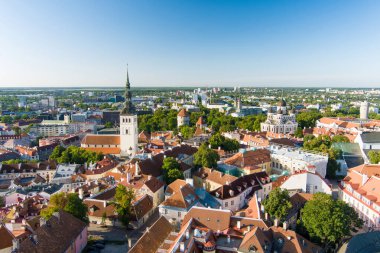 Güneşli bir yaz sabahında Tallinn Eski Kasabası 'nın ikonik gökyüzü manzarası. St. Olaf Kilisesi, St. Michael Kilisesi, Alexander Nevsky Katedrali, savunma duvarları, çatılar. UNESCO Dünya Mirası sahası, Estonya