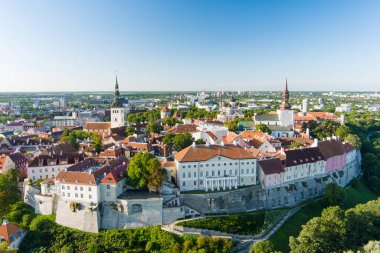 Güneşli bir yaz akşamında Tallinn Old Town ve Toompea Hill 'in ikonik gökyüzü manzarası. Stenbock Evi, Patkuli izleme platformu, savunma duvarları, çatılar. UNESCO Dünya Mirası sahası, Estonya