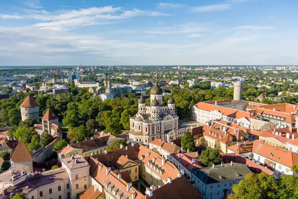 stock image Aerial view of Alexander Nevsky Cathedral in Tallinn Old Town on a sunny summer morning. St. Mary's Cathedral, defensive walls, rooftops. UNESCO World Heritage site, Estonia