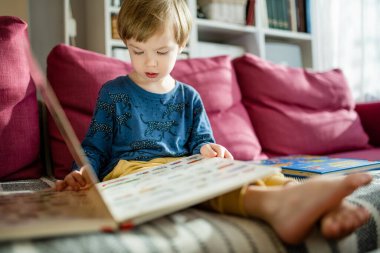 Parlak, güneşli bir öğleden sonra evdeki kanepede kitap okuyan sevimli küçük bir çocuk. Gündüz kreşinde yaratıcı aktivite. Çocuklar eğleniyor. Eğitici öğrenme oyunları.
