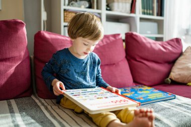 Parlak, güneşli bir öğleden sonra evdeki kanepede kitap okuyan sevimli küçük bir çocuk. Gündüz kreşinde yaratıcı aktivite. Çocuklar eğleniyor. Eğitici öğrenme oyunları.