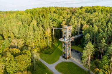 Laju takas 'ın havadan görünüşü, yürüyüş yolu, bilgi merkezi ve gözlem kulesi olan ağaç tepe örtüsü kompleksi, Litvanya' nın Anyksciai şehrinde yer almaktadır.