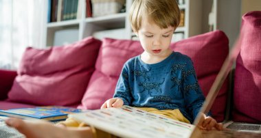 Parlak, güneşli bir öğleden sonra evdeki kanepede kitap okuyan sevimli küçük bir çocuk. Gündüz kreşinde yaratıcı aktivite. Çocuklar eğleniyor. Eğitici öğrenme oyunları.