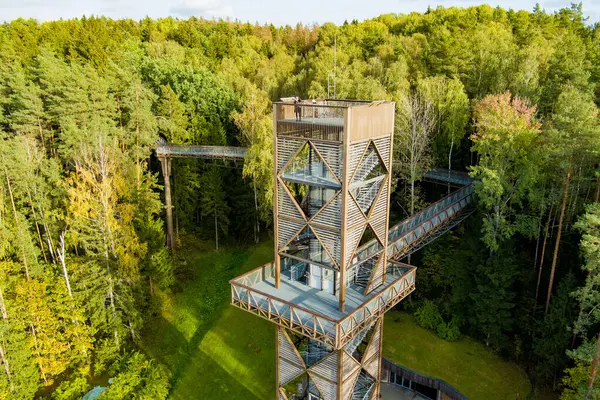 Laju takas 'ın havadan görünüşü, yürüyüş yolu, bilgi merkezi ve gözlem kulesi olan ağaç tepe örtüsü kompleksi, Litvanya' nın Anyksciai şehrinde yer almaktadır.