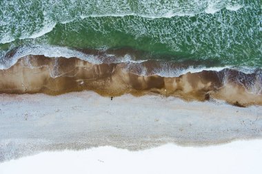 Litvanya 'nın Klaipeda kenti yakınlarındaki Baltık Denizi kıyı şeridinin hava görüntüsü. Soğuk ve karlı kış gününde güzel deniz kıyıları. Baltık denizinde kış.