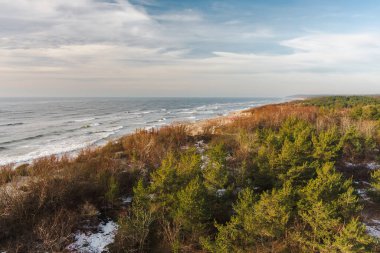 Litvanya 'nın Klaipeda kenti yakınlarındaki Baltık Denizi kıyı şeridinin hava görüntüsü. Soğuk ve karlı kış gününde güzel deniz kıyıları. Baltık denizinde kış.