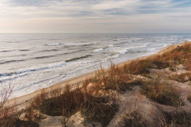Litvanya 'nın Klaipeda kenti yakınlarındaki Baltık Denizi kıyı şeridinin hava görüntüsü. Soğuk ve karlı kış gününde güzel deniz kıyıları. Baltık denizinde kış.