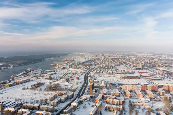 stock image Scenic aerial view of Klaipeda city port area and it's surroundings on sunny winter evening. The Old town of Klaipeda, Lithuania in evening light at wintertime.