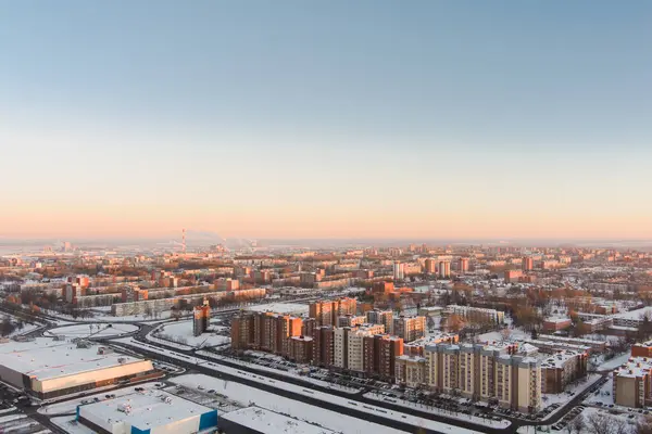 stock image Scenic aerial view of the Old town of Klaipeda, Lithuania in golden evening light at winter. Klaipeda city port area and it's surroundings on chilly and snowy winter day.