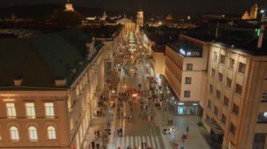 VILNIUS, LITHUANIA - 16 Şubat 2022: Vilnius 'ta Devlet Günü' nün Restorasyonu 'nun havadan gece görüşü. Şenlik ateşi 16 Şubat 'ta şenlik gecesi Gediminas Bulvarı' nda yakılır..