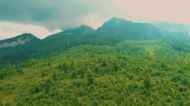 Zakopane kasabası yakınlarındaki bulutlu Tatras dağlarının hava manzarası, Polonya, Polonya.