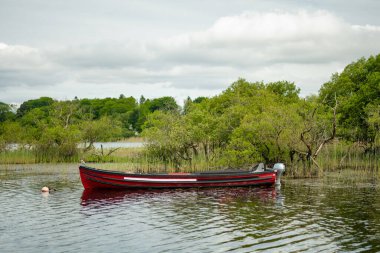 Kiralık tekne Lough Leane 'deki küçük iskeleye bağlı. Killarney Ulusal Parkı' nın en büyük ve kuzeyindeki üç göl, Kerry County, İrlanda.