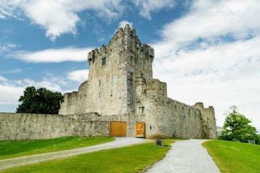 Ross Castle, 15. yüzyıldan kalma bir kule ve Killarney Ulusal Parkı 'ndaki Lough Leane' in kenarında duruyor..
