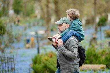 Sevimli küçük çocuk ve babası, Litvanya 'nın Vilnius kentindeki en eski üç mezarlıktan biri olan Bernardine mezarlığında Nisan ayında açan bahar çiçeklerine hayran..