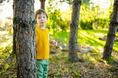 Sevimli küçük çocuk güneşli bir yaz gününde dışarıda eğleniyor. Çocuk dışarıda koşuyor. Doğayı keşfeden çocuk. Küçük çocuklar için yaz etkinlikleri.