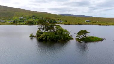 İrlanda 'nın Connemara bölgesindeki Lough Bofin Gölü' nün güzel hava yörüngesi manzarası. Ufukta muhteşem dağları olan İrlanda manzarası Galway ilçesi, İrlanda.
