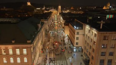 VILNIUS, LITHUANIA - 16 Şubat 2022: Vilnius 'ta Devlet Günü' nün Restorasyonu 'nun havadan gece görüşü. Şenlik ateşi 16 Şubat 'ta şenlik gecesi Gediminas Bulvarı' nda yakılır..