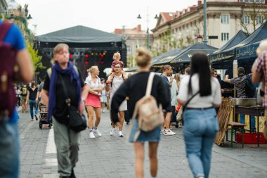 VILNIUS, LITHUANIA - 16 Eylül 2024: Litvanya ulusal topluluklarından ustaların sanatlarını, zanaatlarını, ulusal gelenekleri ve geleneklerini sundukları yıllık Uluslar Fuarı 'na katılan insanlar.