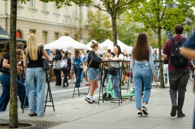 VILNIUS, LITHUANIA - 16 Eylül 2024: Litvanya ulusal topluluklarından ustaların sanatlarını, zanaatlarını, ulusal gelenekleri ve geleneklerini sundukları yıllık Uluslar Fuarı 'na katılan insanlar.