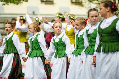 VILNIUS, LITHUANIA - 7 Temmuz 2024: Ulusal Litvanya Şarkı ve Dans Festivali geçit töreni sırasında geleneksel giysiler içinde neşeli insanlar grubu.