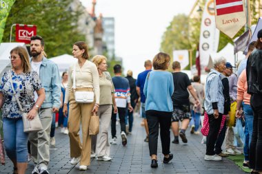 VILNIUS, LITHUANIA - 16 Eylül 2024: Litvanya ulusal topluluklarından ustaların sanatlarını, zanaatlarını, ulusal gelenekleri ve geleneklerini sundukları yıllık Uluslar Fuarı 'na katılan insanlar.