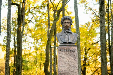 VILNIUS, LITHUANIA - 10 Ekim 2024: Vilnius 'un dingin kültürel simgesi olan Markuciai Park' ın altın sonbahar ormanlarında şair Alexander Puşkin 'in tutuklanması