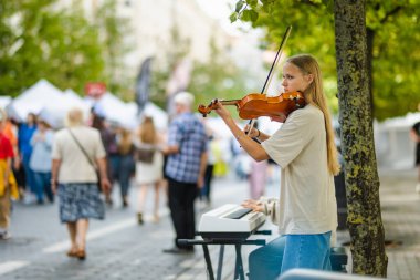 VILNIUS, LITHUANIA - 3 Eylül 2024: Litvanya ulusal topluluklarından ustaların sanatlarını, geleneklerini ve geleneklerini sergiledikleri Uluslar Fuarı 'nda sokak müzisyeni.