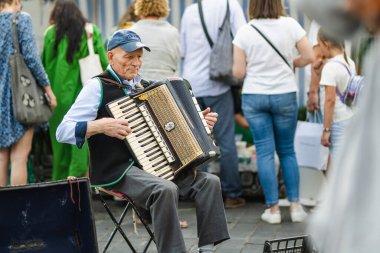 VILNIUS, LITHUANIA - 3 Eylül 2024: Litvanya ulusal topluluklarından ustaların sanatlarını, geleneklerini ve geleneklerini sergiledikleri Uluslar Fuarı 'nda sokak müzisyeni.