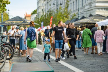 VILNIUS, LITHUANIA - 16 Eylül 2024: Litvanya ulusal topluluklarından ustaların sanatlarını, zanaatlarını, ulusal gelenekleri ve geleneklerini sundukları yıllık Uluslar Fuarı 'na katılan insanlar.