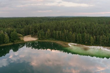 Litvanya 'daki Gela Gölü sakin sularındaki dramatik bulutları ve ormanı yansıtarak sakin ve karamsar bir manzara yaratır.