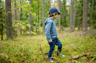 Genç bir çocuk günlük kıyafetlerle yemyeşil bir ormanı keşfeder, doğanın basit harikalarına ve açık havanın özgürlüğüne dalmıştır..