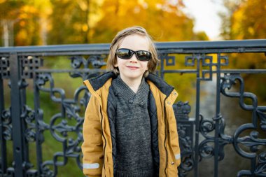 Güneş gözlüklü ve ceketli şık bir genç Vilnius 'ta bir köprüde gururla durur. Çerçevesi güz yapraklarının parlak renkleriyle süslenmiştir.