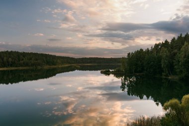 Litvanya 'daki Gela Gölü sakin sularındaki dramatik bulutları ve ormanı yansıtarak sakin ve karamsar bir manzara yaratır.