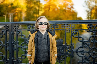 Güneş gözlüklü ve ceketli şık bir genç Vilnius 'ta bir köprüde gururla durur. Çerçevesi güz yapraklarının parlak renkleriyle süslenmiştir.