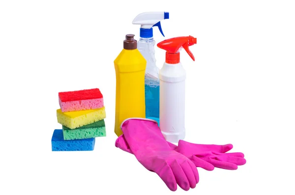 Οικιακές Χημικές Ουσίες Για Καθαρισμό Απομονωμένες Λευκό Φόντο — Φωτογραφία Αρχείου