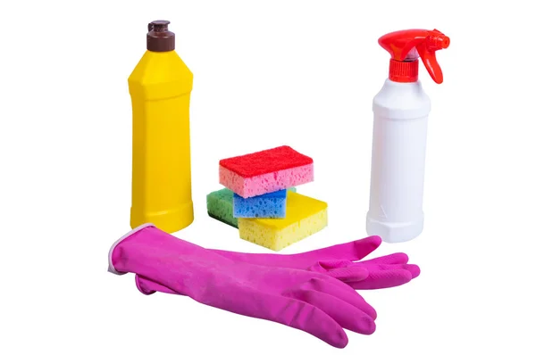 Produtos Químicos Domésticos Para Limpeza Isolados Sobre Fundo Branco — Fotografia de Stock