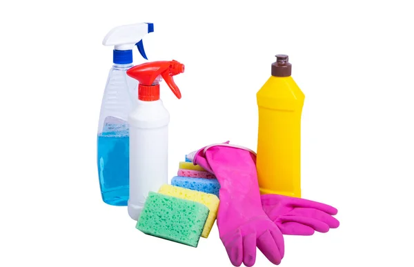 Produtos Químicos Domésticos Para Limpeza Isolados Sobre Fundo Branco — Fotografia de Stock