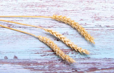 Spikelets ahşap arka plan üzerinde buğday