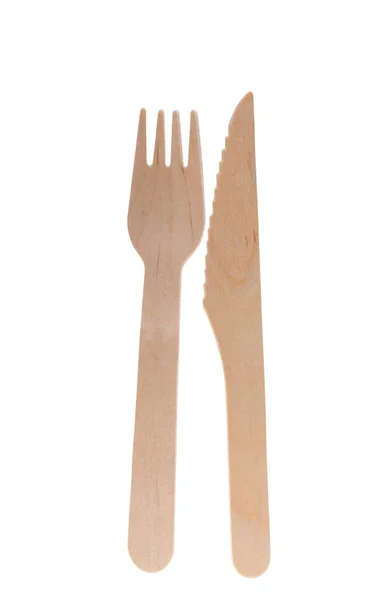 白色背景隔离的木制叉子和刀片 — 图库照片