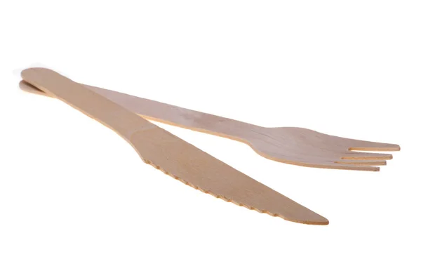 白色背景隔离的木制叉子和刀片 — 图库照片