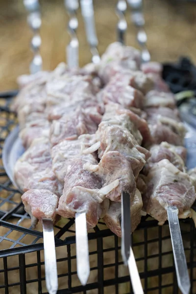 Carne Porco Crua Espetos — Fotografia de Stock