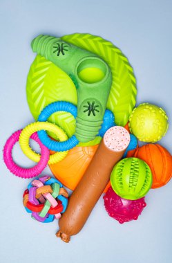 Gri arka planda köpek oyuncakları