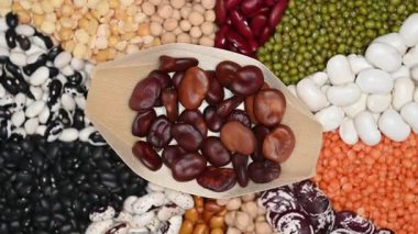 Farklı fasulye karışımının videosu. Yakın çekim.