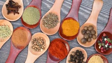 Arka planda tahta kaşıklarda baharat karışımı