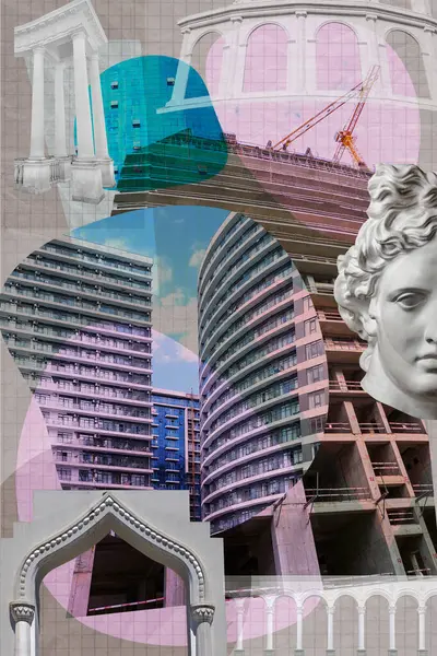 Fond Industriel Mixte Architecture Moderne Historique Collage Art Surréaliste Avec Image En Vente