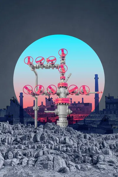 Wellhead Surreale Collage Mit Industrieller Ölplattform Kunstposter Template Konzept Oder Stockbild