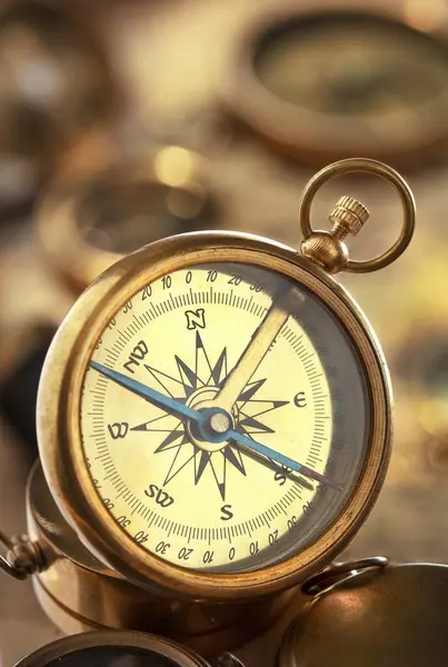 Close View Antique Brass Compass Stock Photo