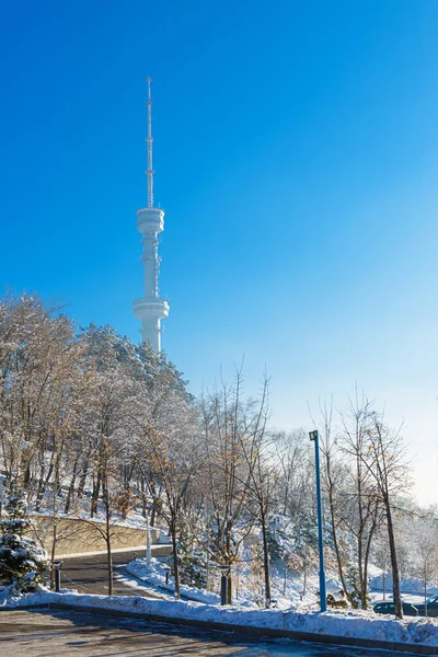 Almaty Television Tower Vista Para Montanha Durante Smog Inverno Fumaça Fotografia De Stock