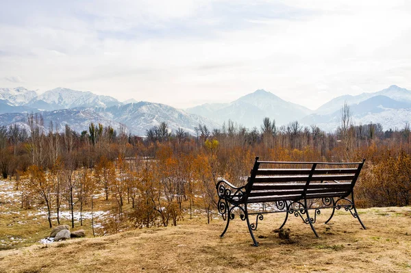 Banco Vacío Parque Montañas Fondo Almaty Kazajstán —  Fotos de Stock